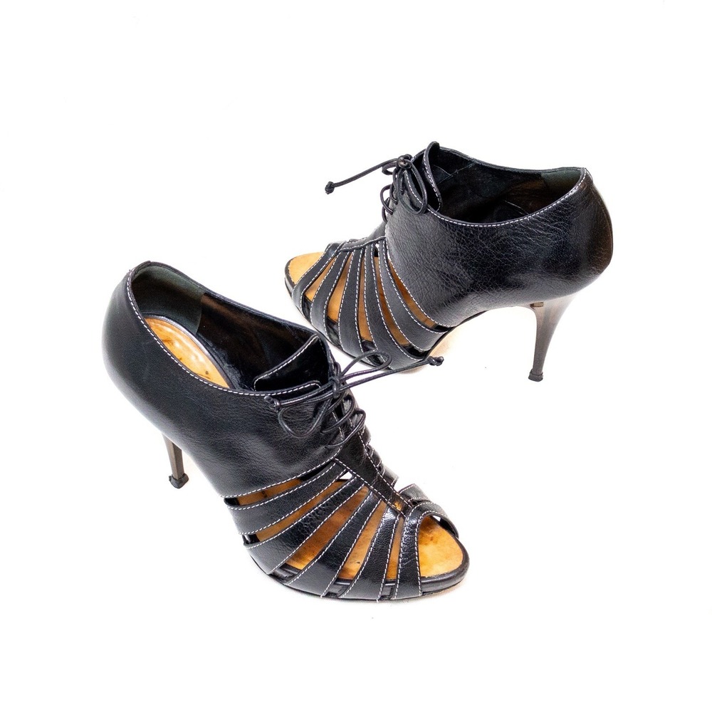 Giuseppe Zanotti Stiletto‎ Black Leather Lace-Up Cutout Peep-Toe Heels SZ:6.5US